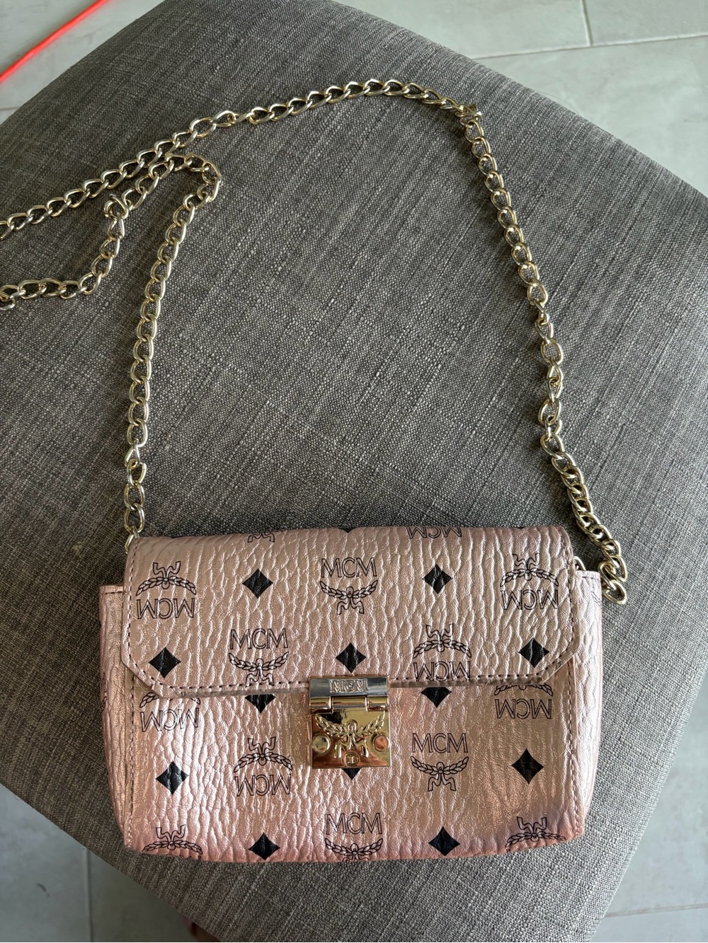 MCM Metallic Rose Gold Visetos Small Crossbody with Gold Chain
